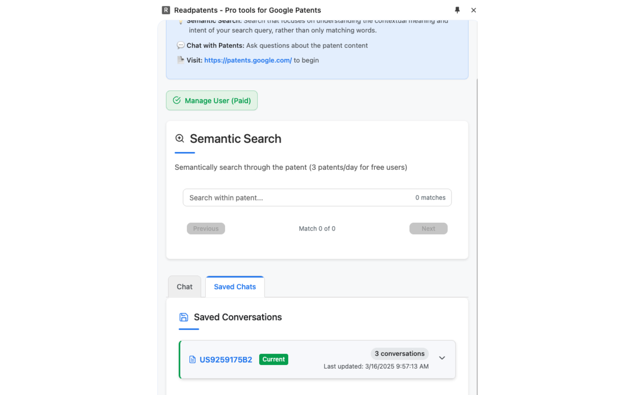 Saved Conversations Feature for patent research continuity