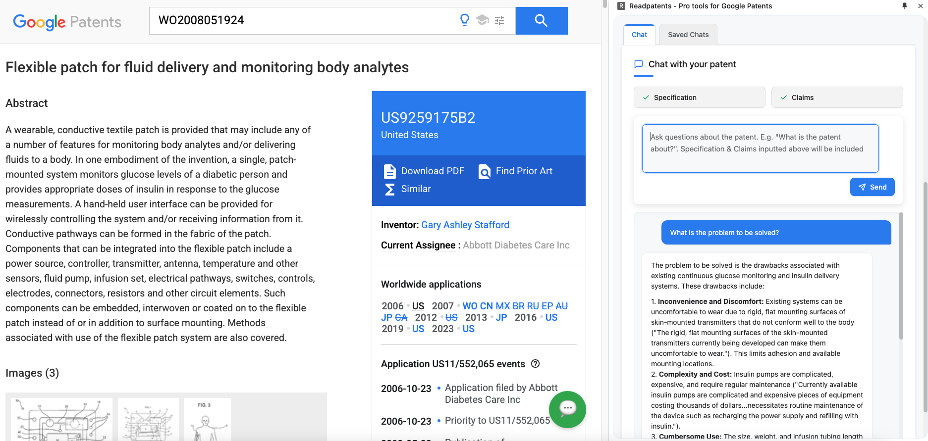 Readpatents Chrome Extension Interface showing AI chat and semantic search for patent analysis